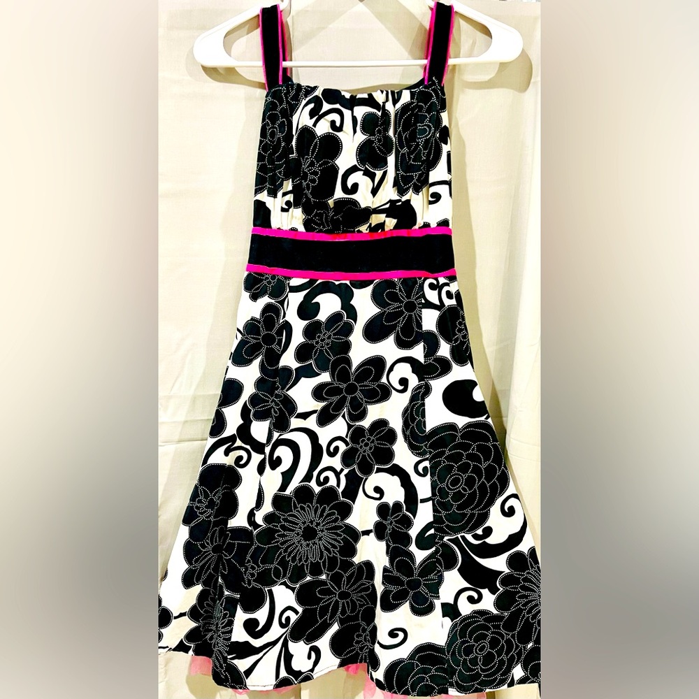 Girls “Disorderly Kids” Black & White Floral Dress With Hot Pink Accents
